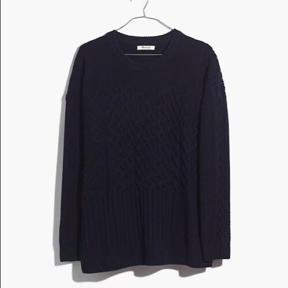 NWT Madewell Patchwork Cable Knit Wool Blend Fisherman Navy Sweater XS - Picture 1 of 7